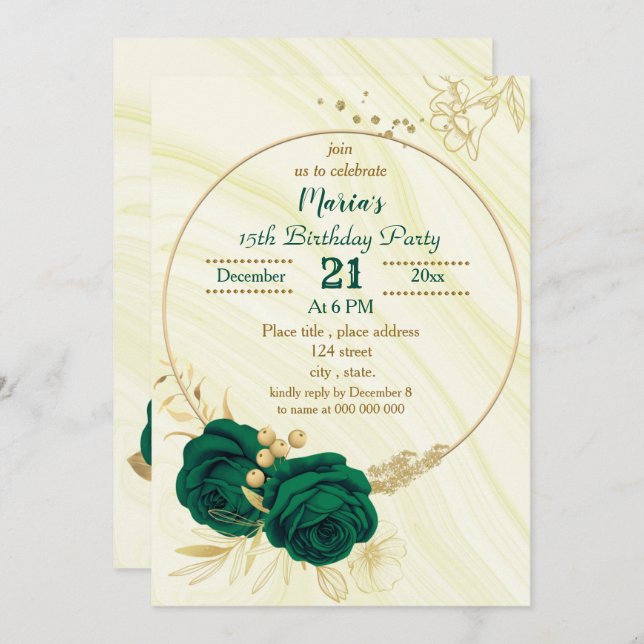 emerald green gold floral geometric birthday party invitation (Front/Back)