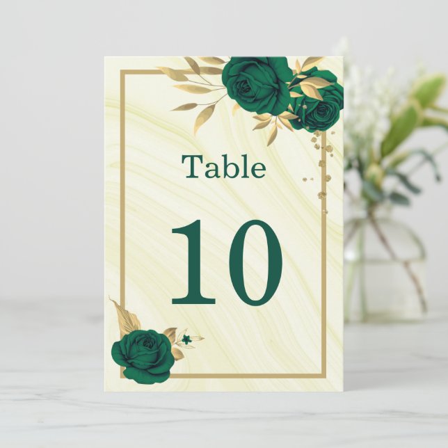 emerald green gold floral geometric table number (Standing Front)