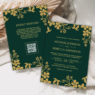 Emerald Green Gold Floral Leaves QR Code Wedding Invitation