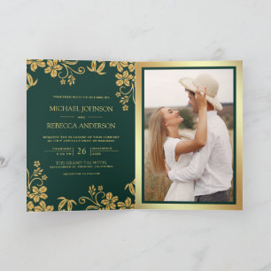 Emerald Green Gold Floral Leaves QR Code Wedding Invitation