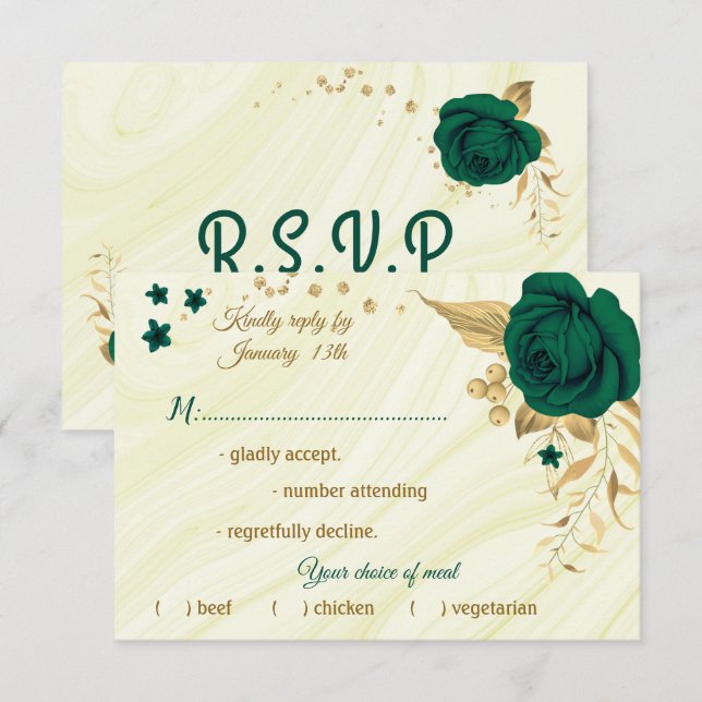 emerald green gold floral marble meal choice RSVP card (Front/Back)