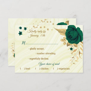 emerald green gold floral marble meal choice RSVP card