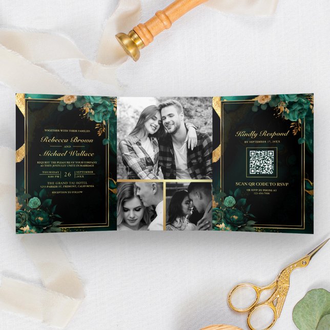 Emerald Green Gold Floral Marble QR Code Wedding Tri-Fold Invitation (Creator Uploaded)