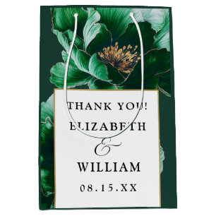 Emerald Green Gold Floral Modern Wedding Thank You Medium Gift Bag
