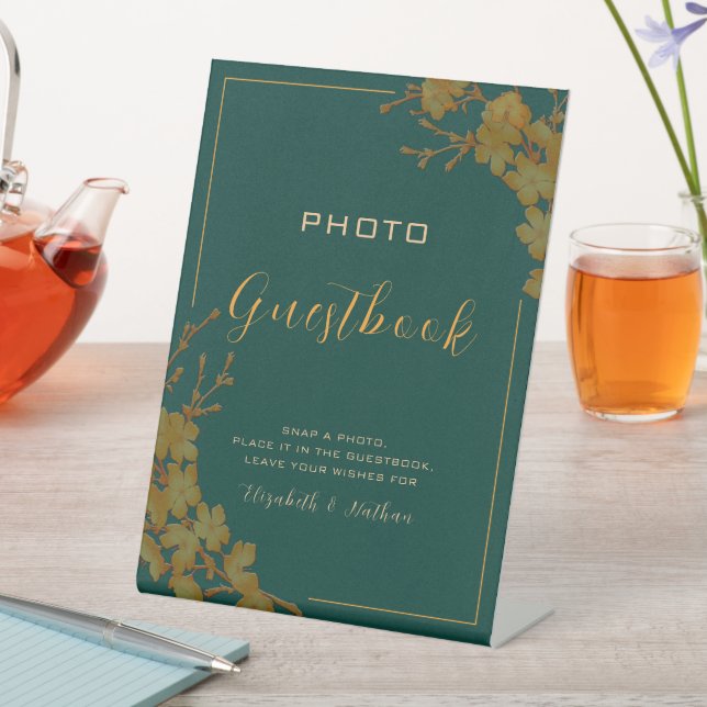 Emerald Green & Gold Floral Photo Guestbook Pedestal Sign (In SItu)
