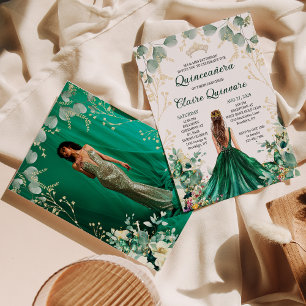 Emerald Green Gold Floral Photo Quinceanera Invitation