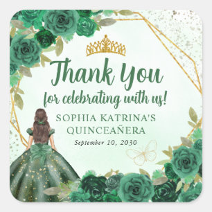 Emerald Green Gold Floral Princess Crown Thank You Square Sticker