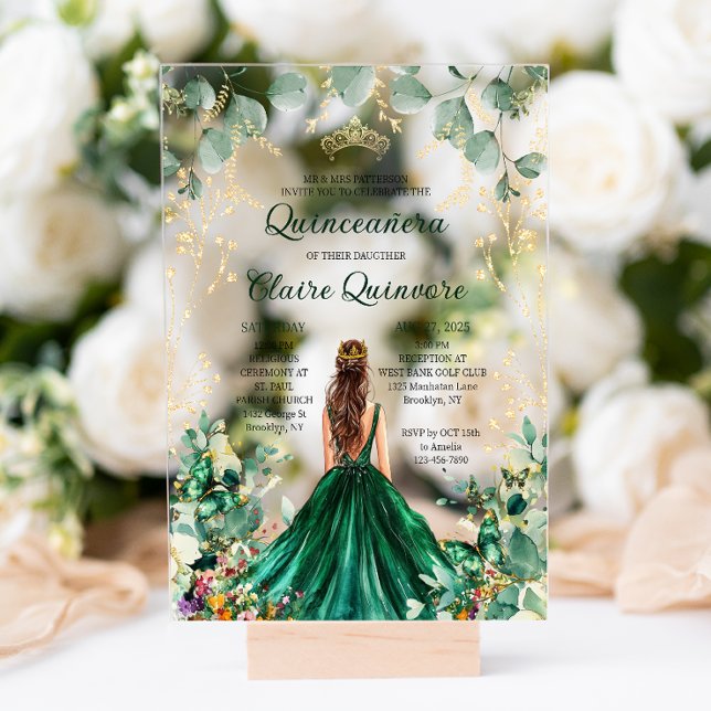 Emerald Green Gold Floral Princess Quinceanera Acrylic Invitations (Creator Uploaded)