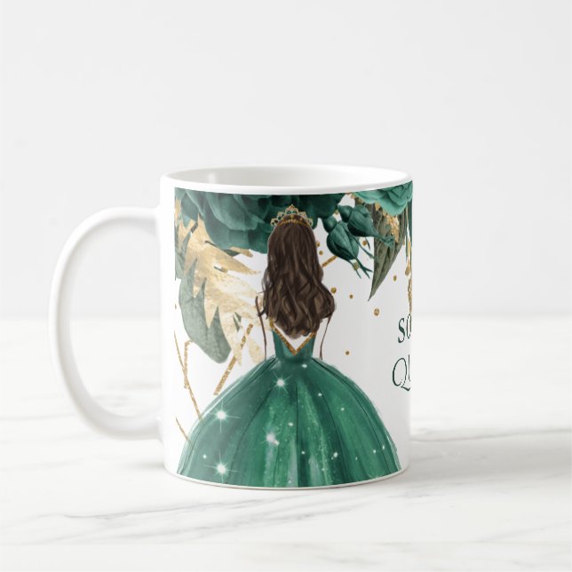 Emerald Green Gold Floral Princess Quinceanera   Coffee Mug (Left)