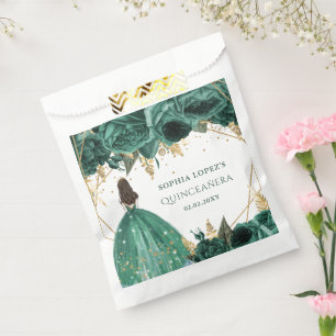 Emerald Green Gold Floral Princess Quinceanera   Favour Bag