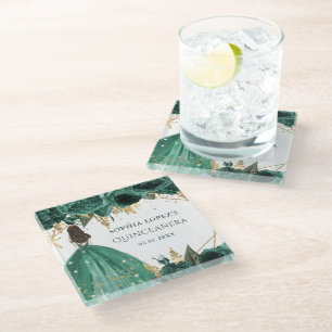 Emerald Green Gold Floral Princess Quinceanera Glass Coaster