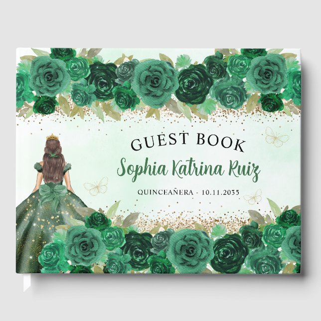 Emerald Green Gold Floral Princess Quinceañera Guest Book (Front)