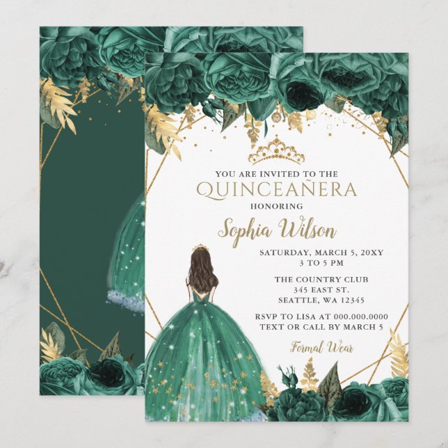 Emerald Green Gold Floral Princess Quinceañera  In Invitation (Front/Back)