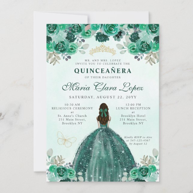 Emerald Green Gold Floral Princess Quinceañera Invitation (Front)
