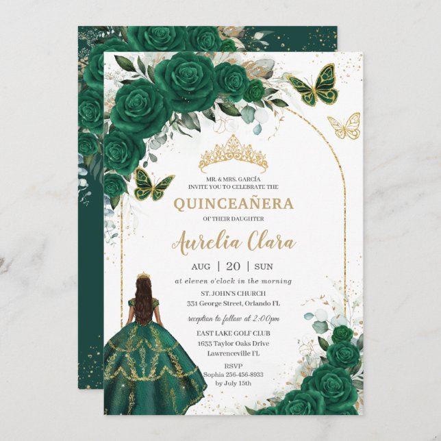 Emerald Green Gold Floral Princess Quinceañera  Invitation (Front/Back)