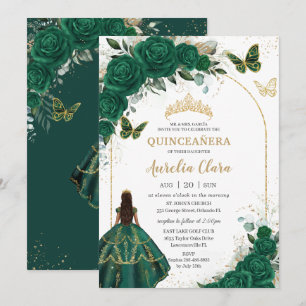 Emerald Green Gold Floral Princess Quinceañera  Invitation