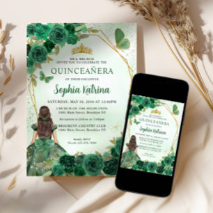 Emerald Green Gold Floral Princess Quinceañera Invitation