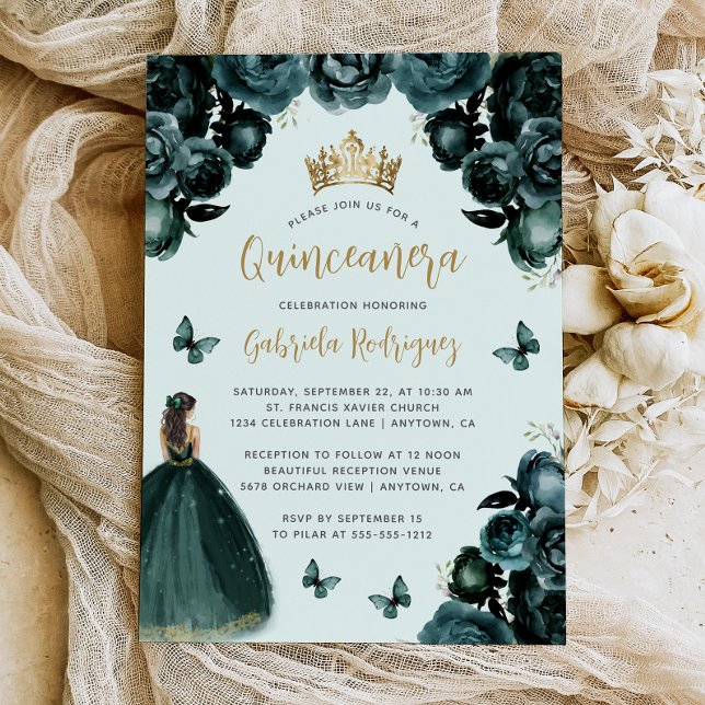 Emerald Green Gold Floral Princess Quinceañera Invitation (Creator Uploaded)