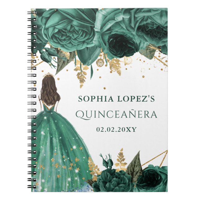 Emerald Green Gold Floral Princess Quinceanera    Notebook (Front)