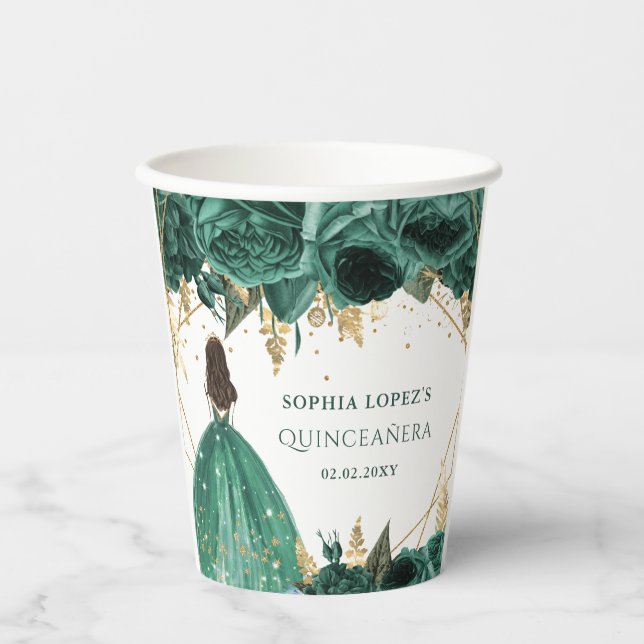 Emerald Green Gold Floral Princess Quinceanera Paper Cups (Front)
