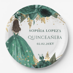 Emerald Green Gold Floral Princess Quinceanera  Paper Plate