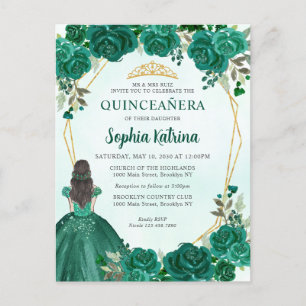 Emerald Green Gold Floral Princess Quinceañera Postcard