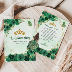 Emerald Green Gold Floral Princess Quinceañera Thank You Card