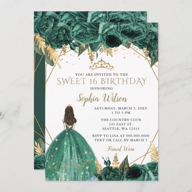 Emerald Green Gold Floral Princess SWEET 16  Invitation (Front/Back)