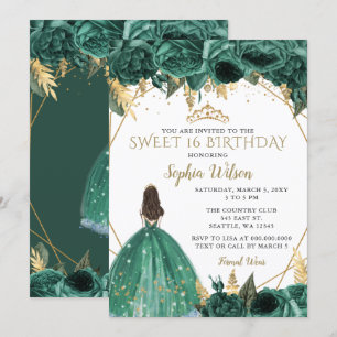 Emerald Green Gold Floral Princess SWEET 16  Invitation