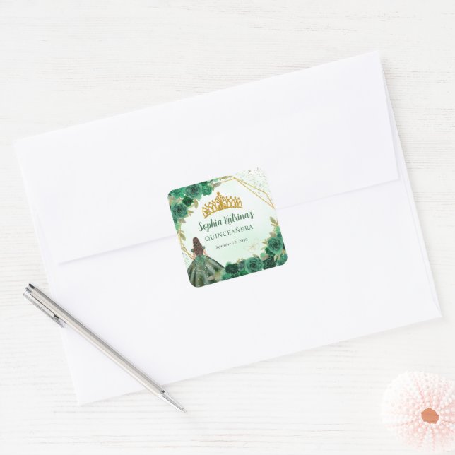 Emerald Green Gold Floral Princess Tiara Favour Square Sticker (Envelope)