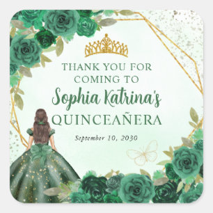 Emerald Green Gold Floral Princess Tiara Thank You Square Sticker