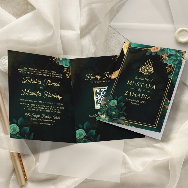 Emerald Green Gold Floral QR Code Muslim Wedding Invitation (Creator Uploaded)
