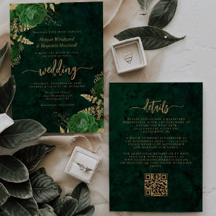 Emerald Green Gold Floral QR Code Wedding Invitation