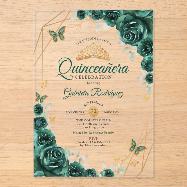 Emerald Green Gold Floral Quinceanera 01 Acrylic Invitations (Front)