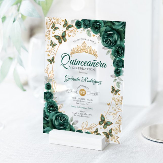 Emerald Green Gold Floral Quinceanera Acrylic Invitations (Creator Uploaded)