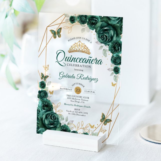 Emerald Green Gold Floral Quinceanera Acrylic Invitations (Creator Uploaded)