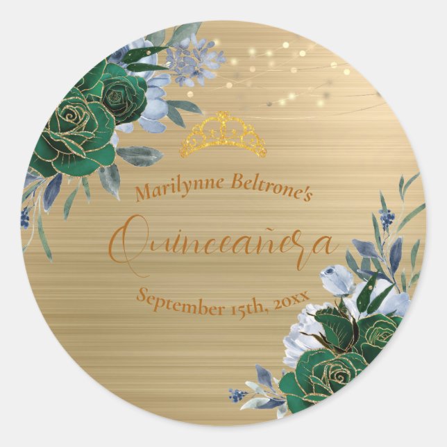 Emerald Green Gold Floral Quinceañera Classic Round Sticker (Front)