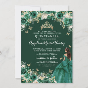 Emerald Green Gold Floral Quinceanera Invitation