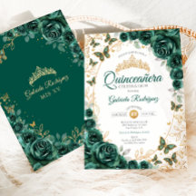 Emerald Green Gold Floral Quinceanera