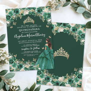 Emerald Green Gold Floral Quinceanera Invitation