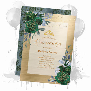 Emerald Green Gold Floral Quinceañera Invitation