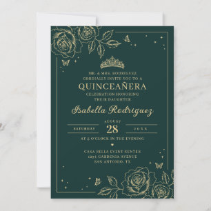Emerald Green Gold Floral Quinceañera Invitation