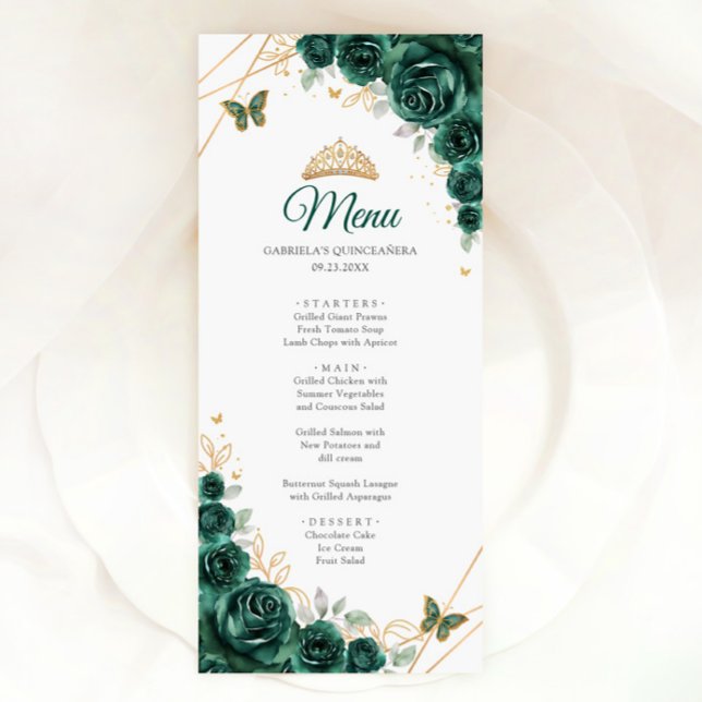 Emerald Green Gold Floral Quinceanera Menu (Creator Uploaded)