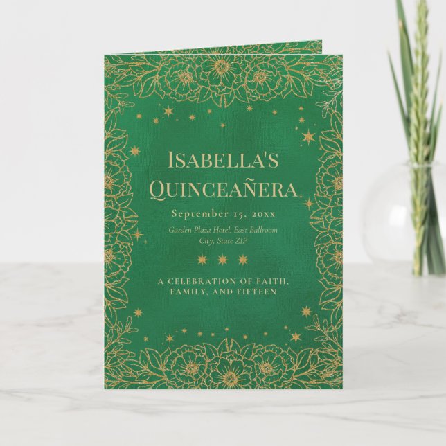 Emerald Green Gold Floral Quinceañera  Program (Front)