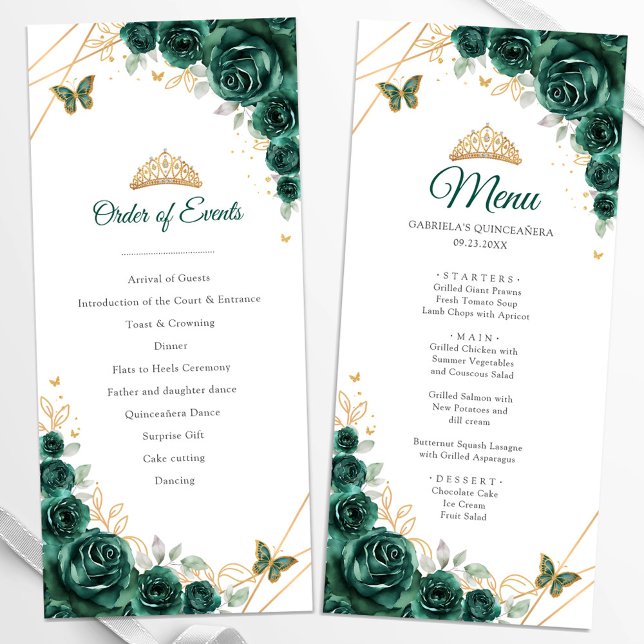 Emerald Green Gold Floral Quinceanera Program Menu (Creator Uploaded)