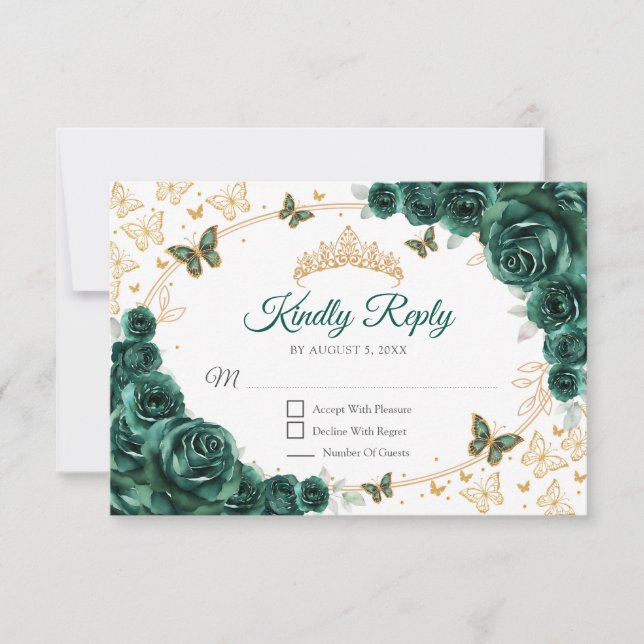 Emerald Green Gold Floral Quinceanera Reply RSVP Card (Front)