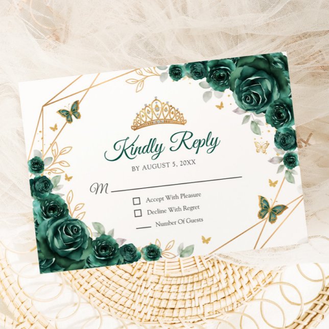 Emerald Green Gold Floral Quinceanera Reply RSVP Card (Creator Uploaded)