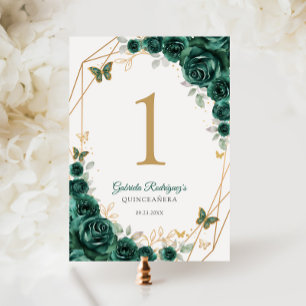 Emerald Green Gold Floral Quinceanera Table Number