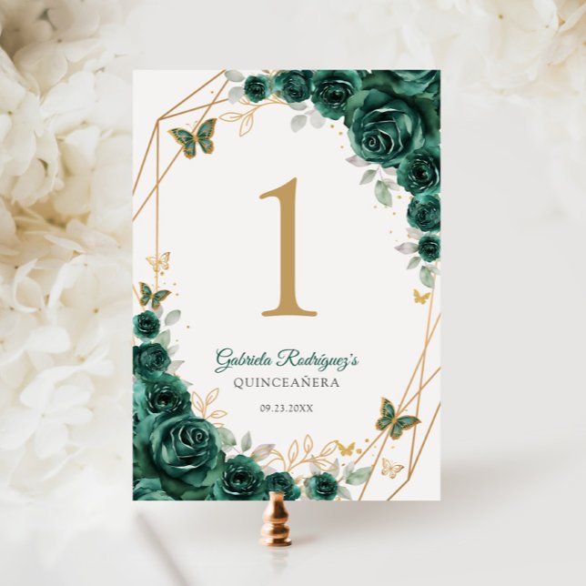 Emerald Green Gold Floral Quinceanera Table Number (Creator Uploaded)