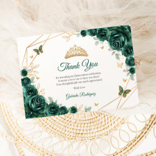 Emerald Green Gold Floral Quinceanera Thank You Card